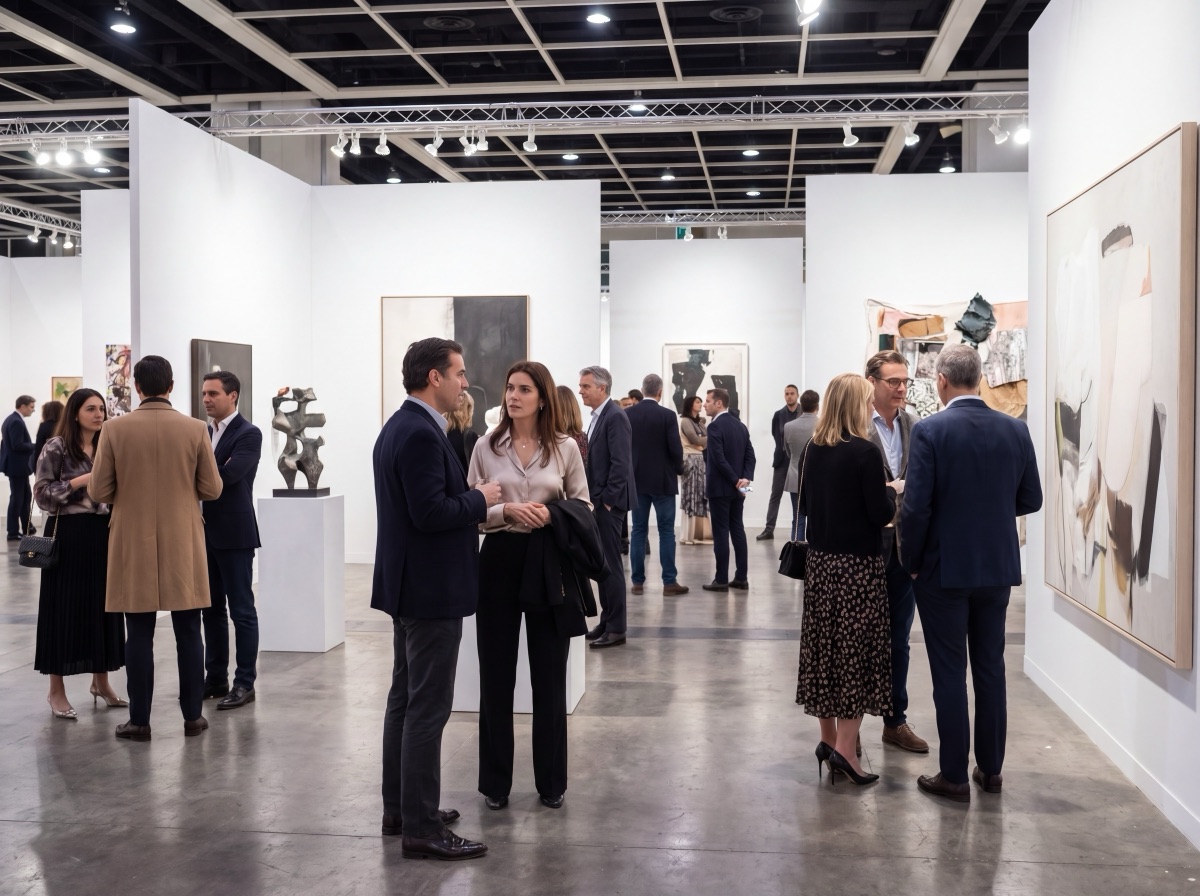 Contemporary art fair — collectors and gallerists in conversation with paintings and sculpture on white walls