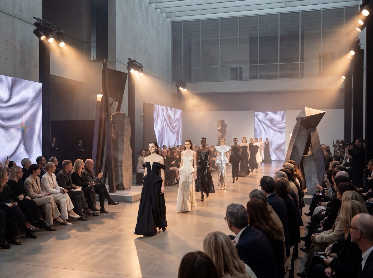 Runway show — fashion models walking in dramatic gowns under cinematic lighting in a gallery-like venue