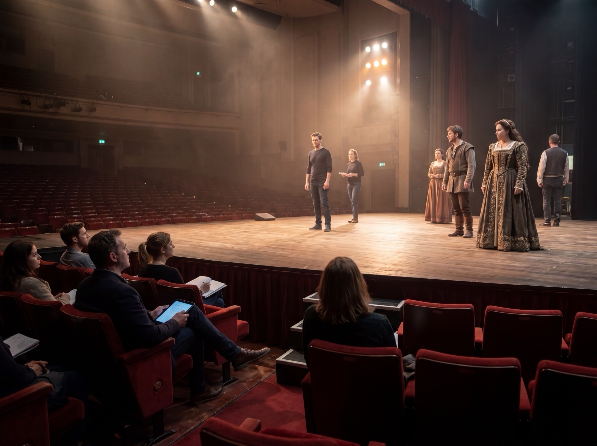 Theater stage rehearsal — costumed performers on stage under warm spotlights with an audience watching from the stalls