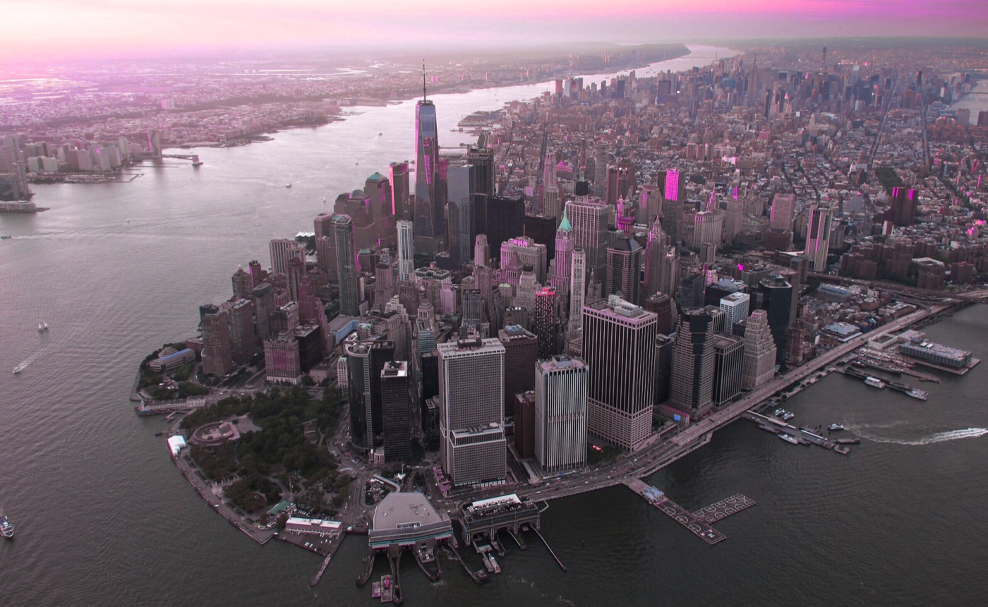 Lower Manhattan aerial at dusk